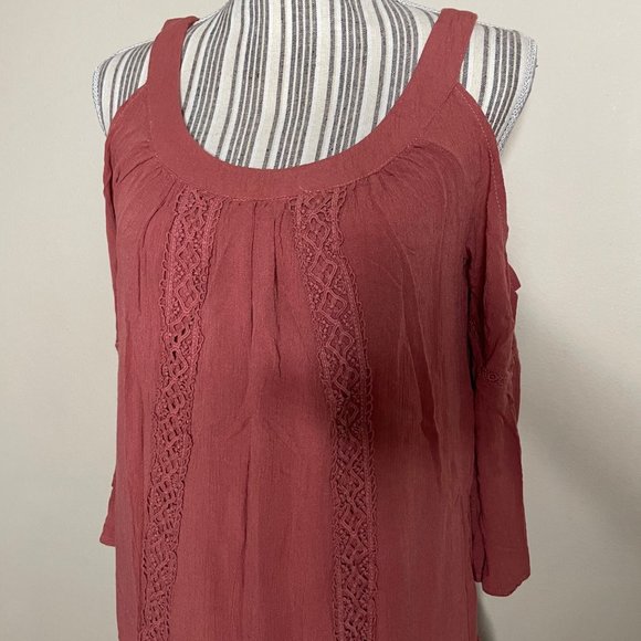 Knox Rose Peasant Boho Lace Peplum Tunic Cold Shoulder 3/4 Sleeves Mauve Size M - Picture 2 of 11